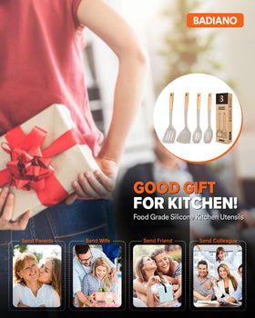 Badiano khaki silicone set complements nonstick cookware and modern kitchens.