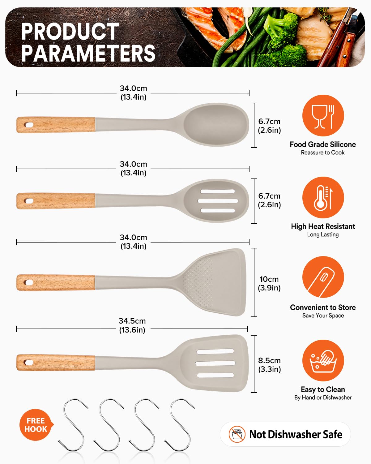 Badiano silicone utensils with wooden handles stay cool for a comfortable grip.