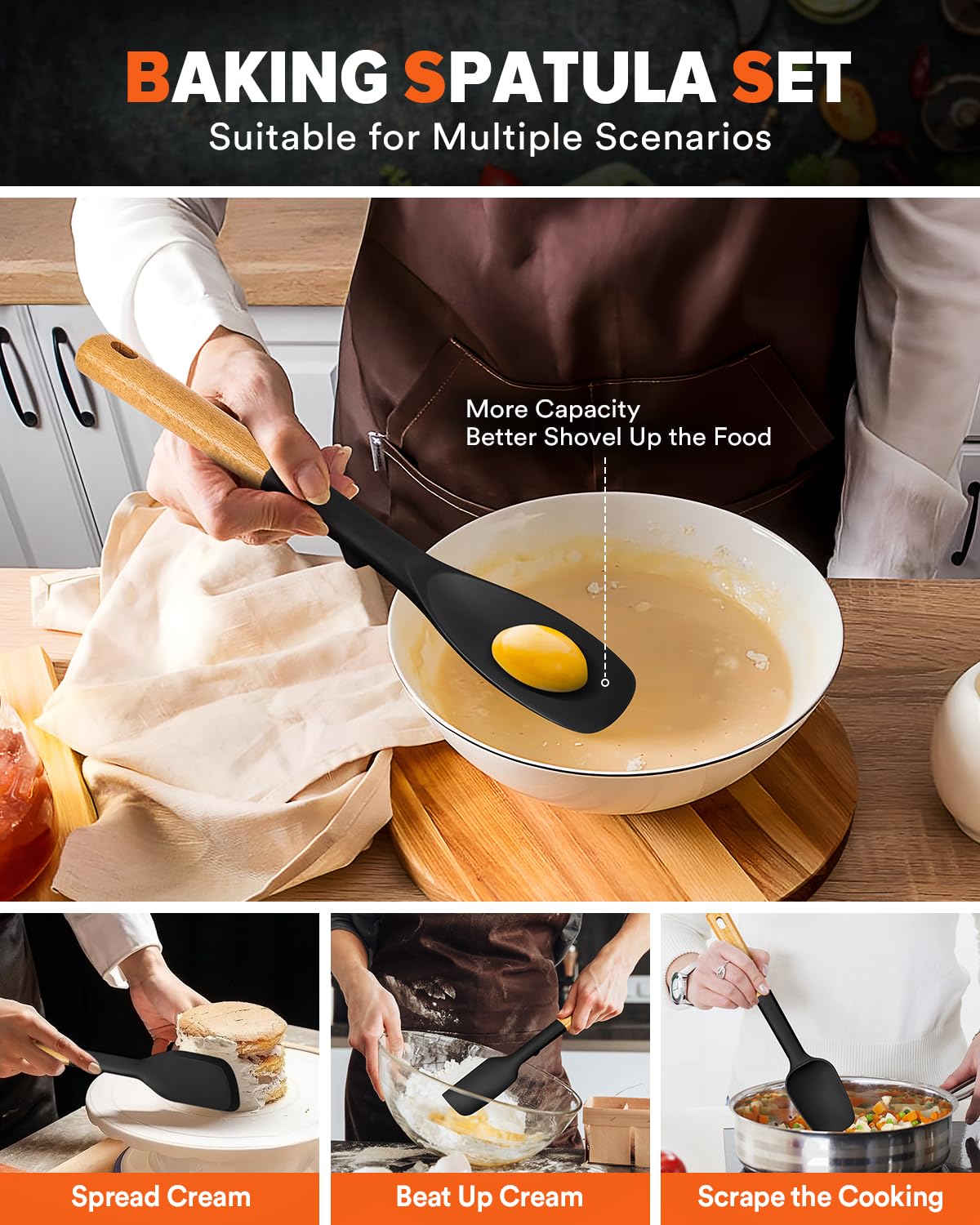 Badiano silicone head with smooth edges protects nonstick surfaces.