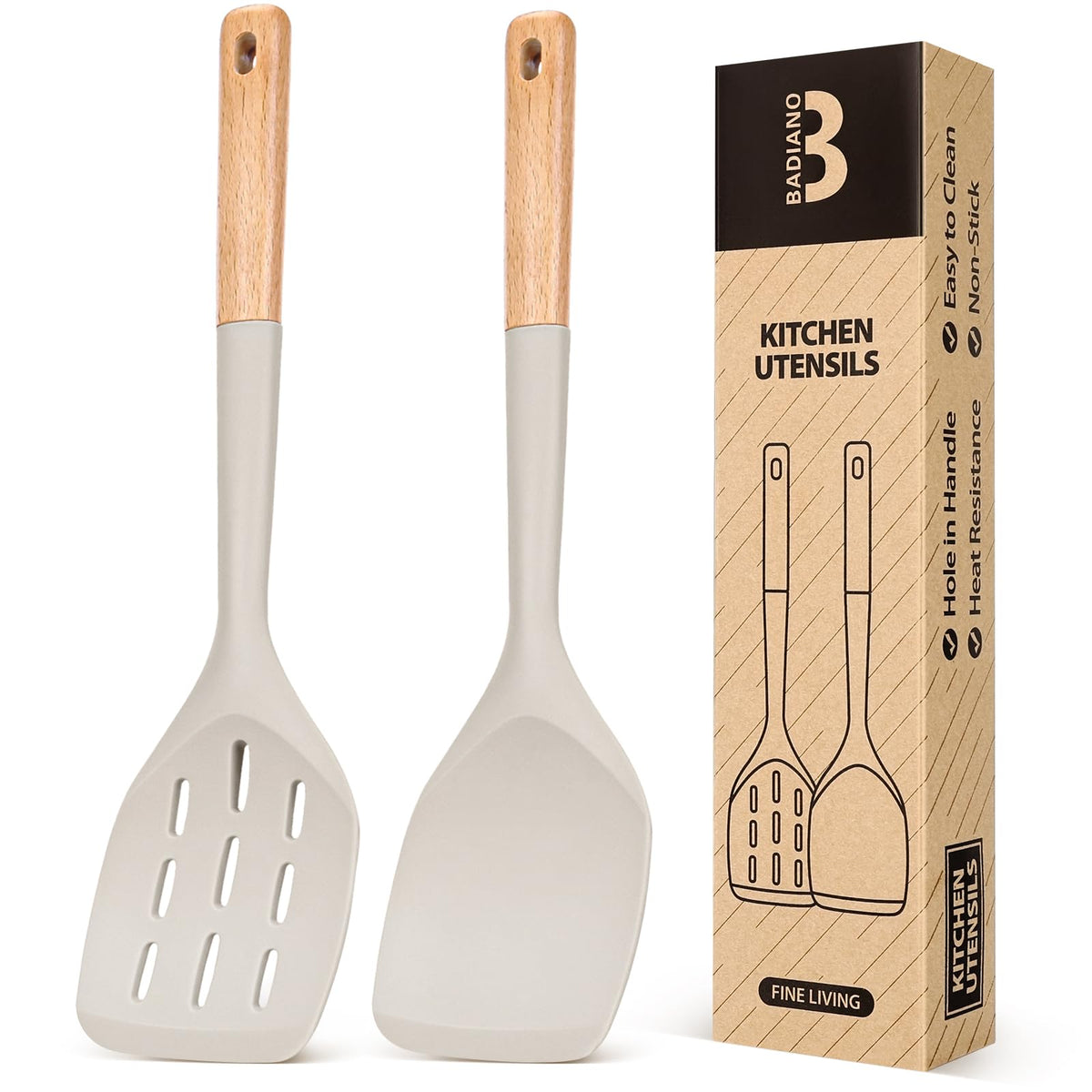 Badiano silicone spatula pack 2 with wooden handles for nonstick cooking.