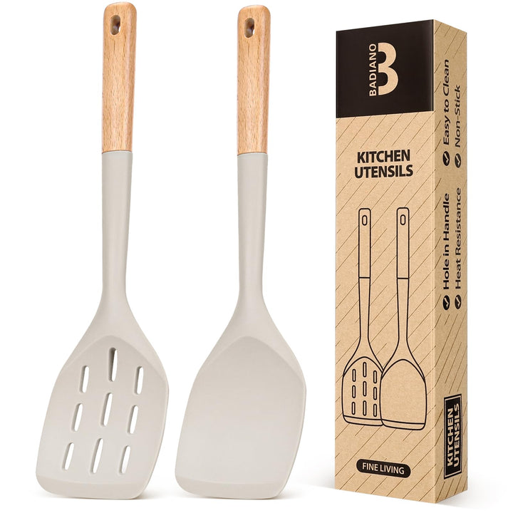 Badiano silicone spatula pack 2 with wooden handles for nonstick cooking.