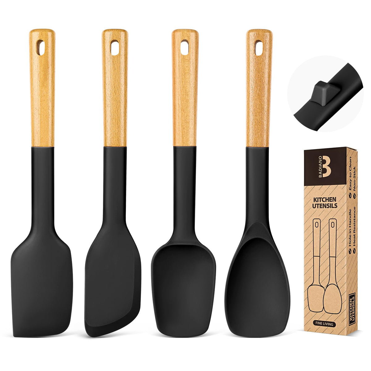 Badiano silicone spatula spoon set with wooden handle for precise mixing and control.