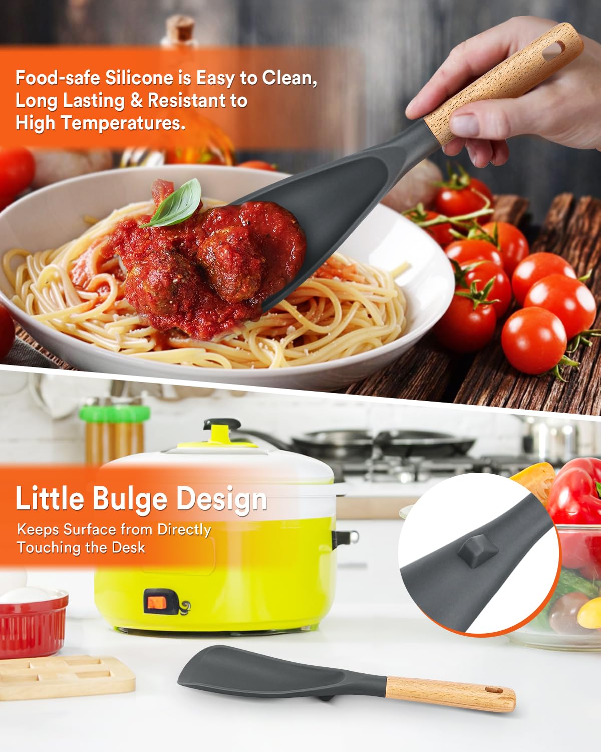 Badiano silicone spoon gentle on nonstick cookware preventing scratches.
