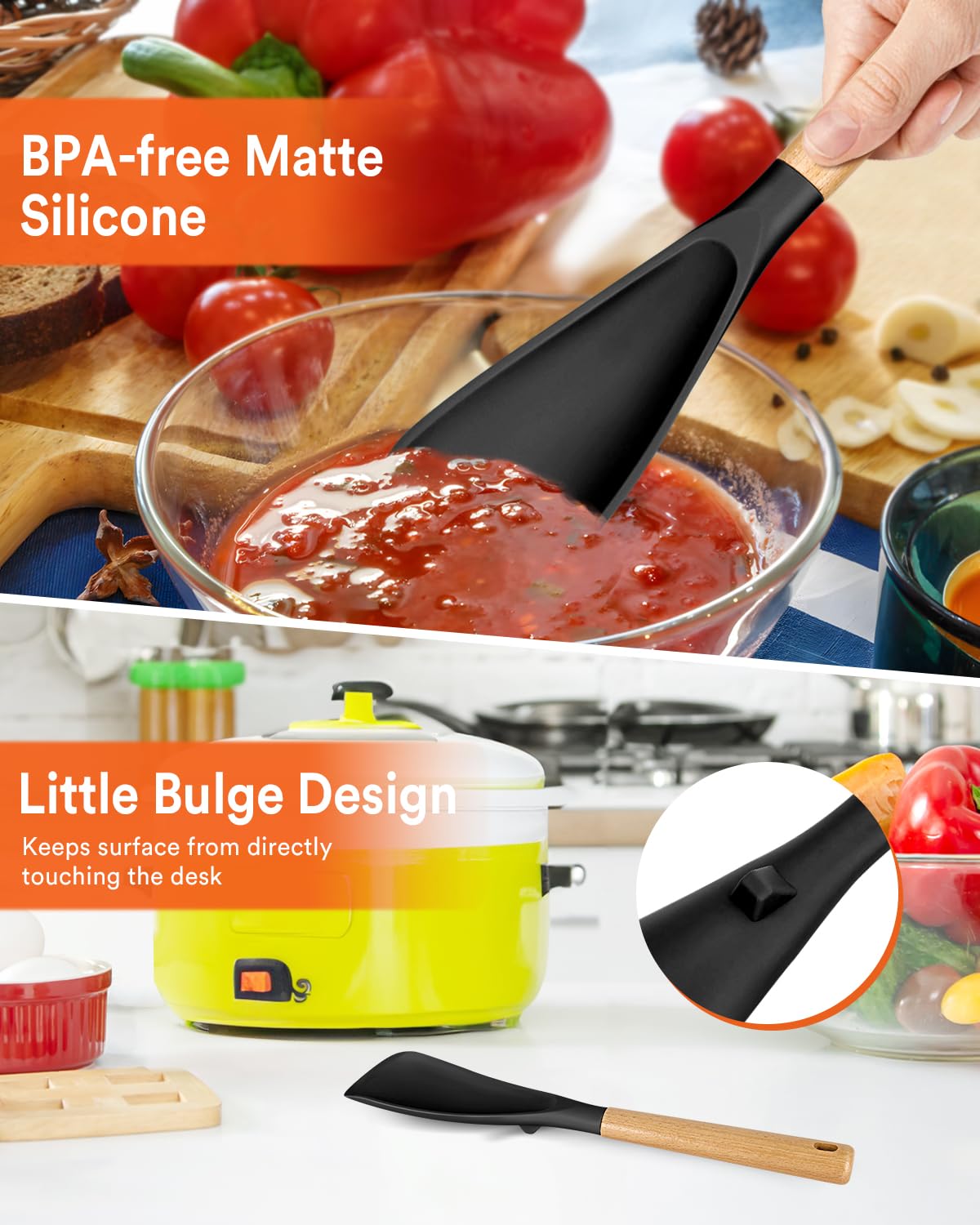 Badiano silicone spoon with smooth edges protects nonstick cookware from scratches.