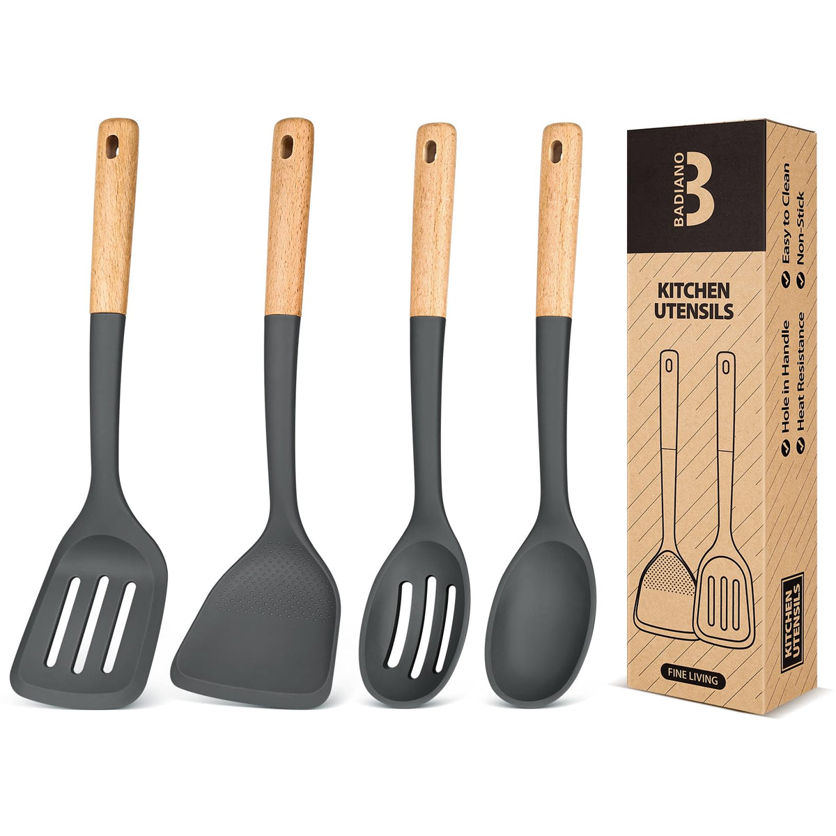 Badiano silicone utensils set angled for frying enhances easy flipping and control