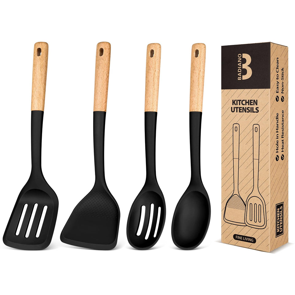 Badiano silicone utensils set with wood handles, durable, heat-safe cooking tools for daily meals