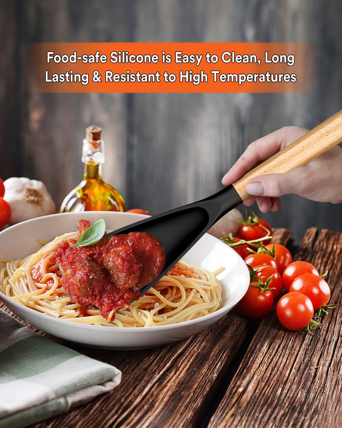 Badiano spoon's heat-resistant silicone head withstands high temperatures for versatile cooking.