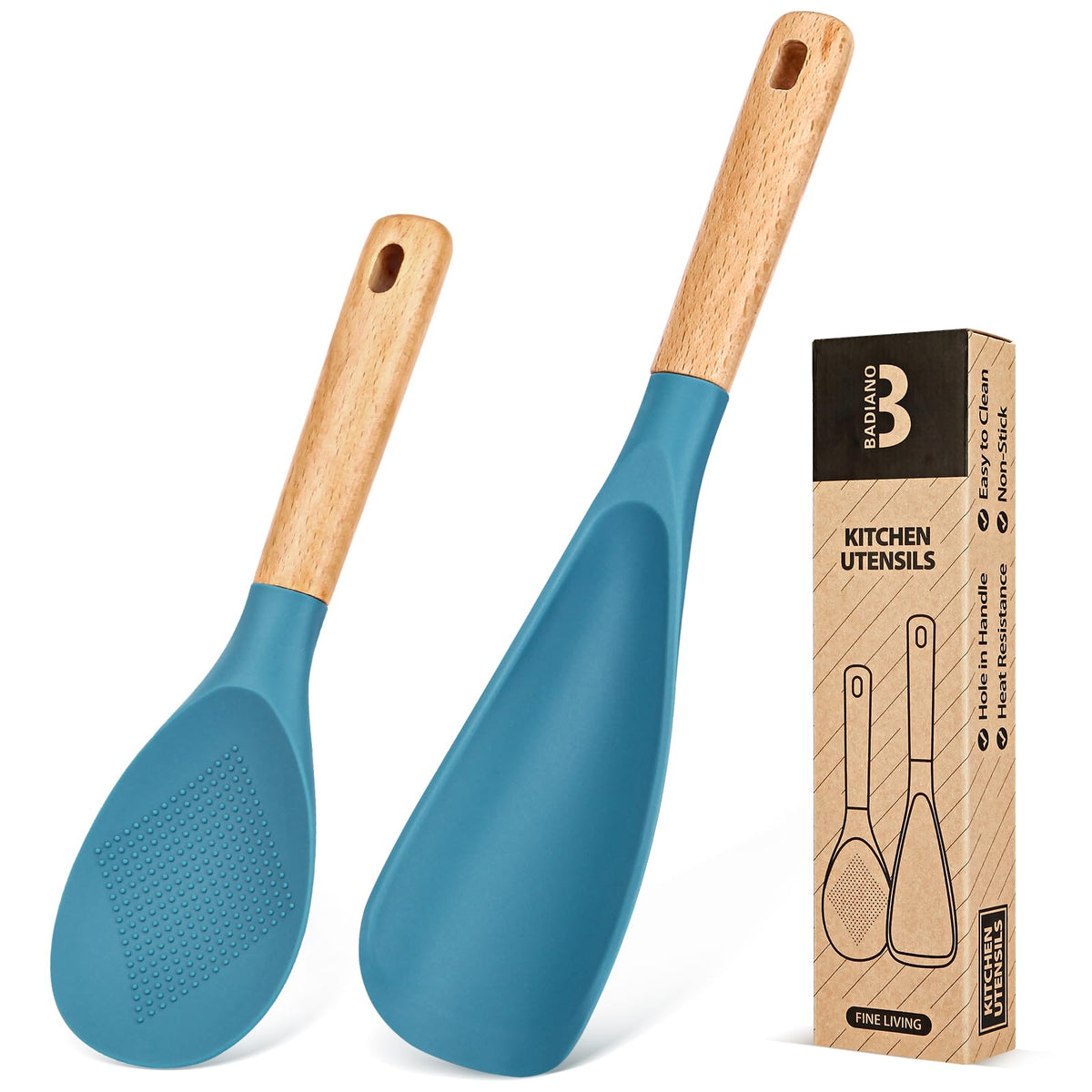 Badiano turquoise rice scooper in silicone for easy serving on nonstick cookware