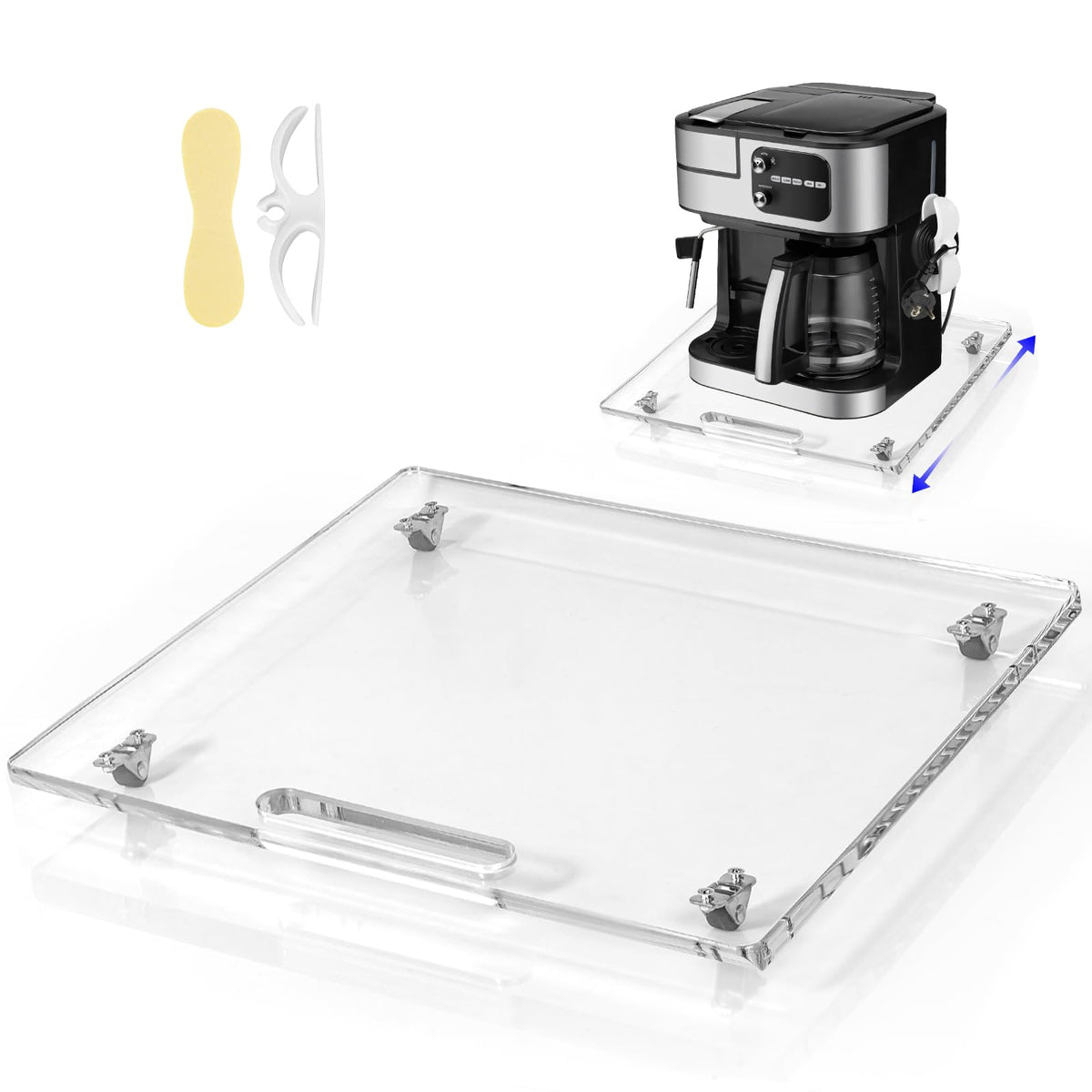 Baemin acrylic appliance slider with rubber wheels enables smooth, quiet countertop movement.