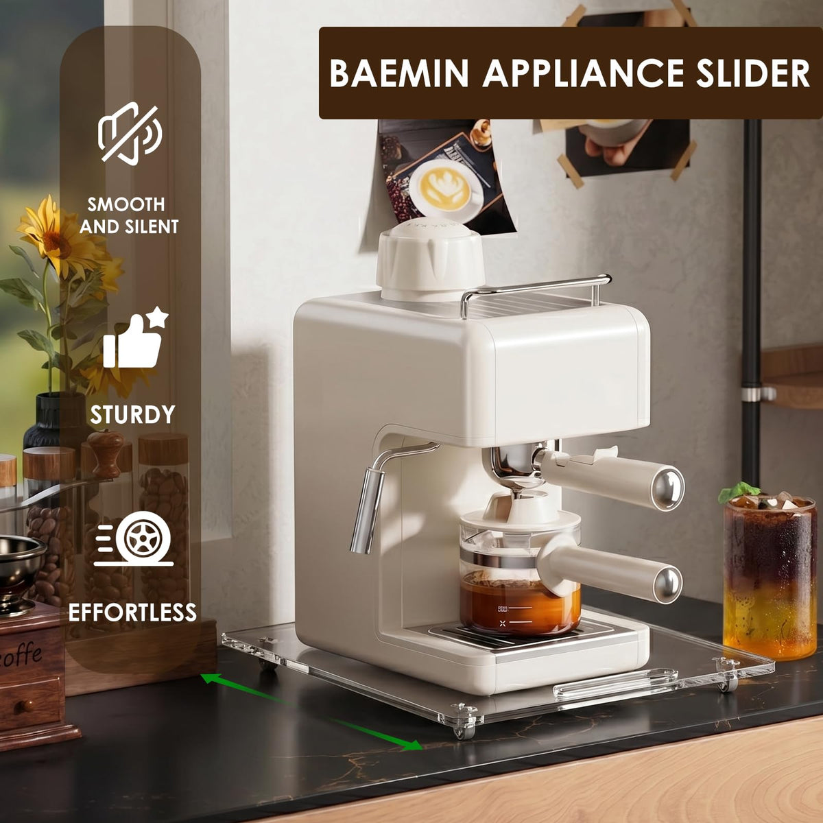Baemin 14x13 inch slider tray supports full-size coffee makers with stable, effortless movement.
