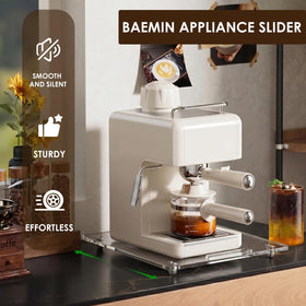 Baemin 14x13 inch slider tray supports full-size coffee makers with stable, effortless movement.