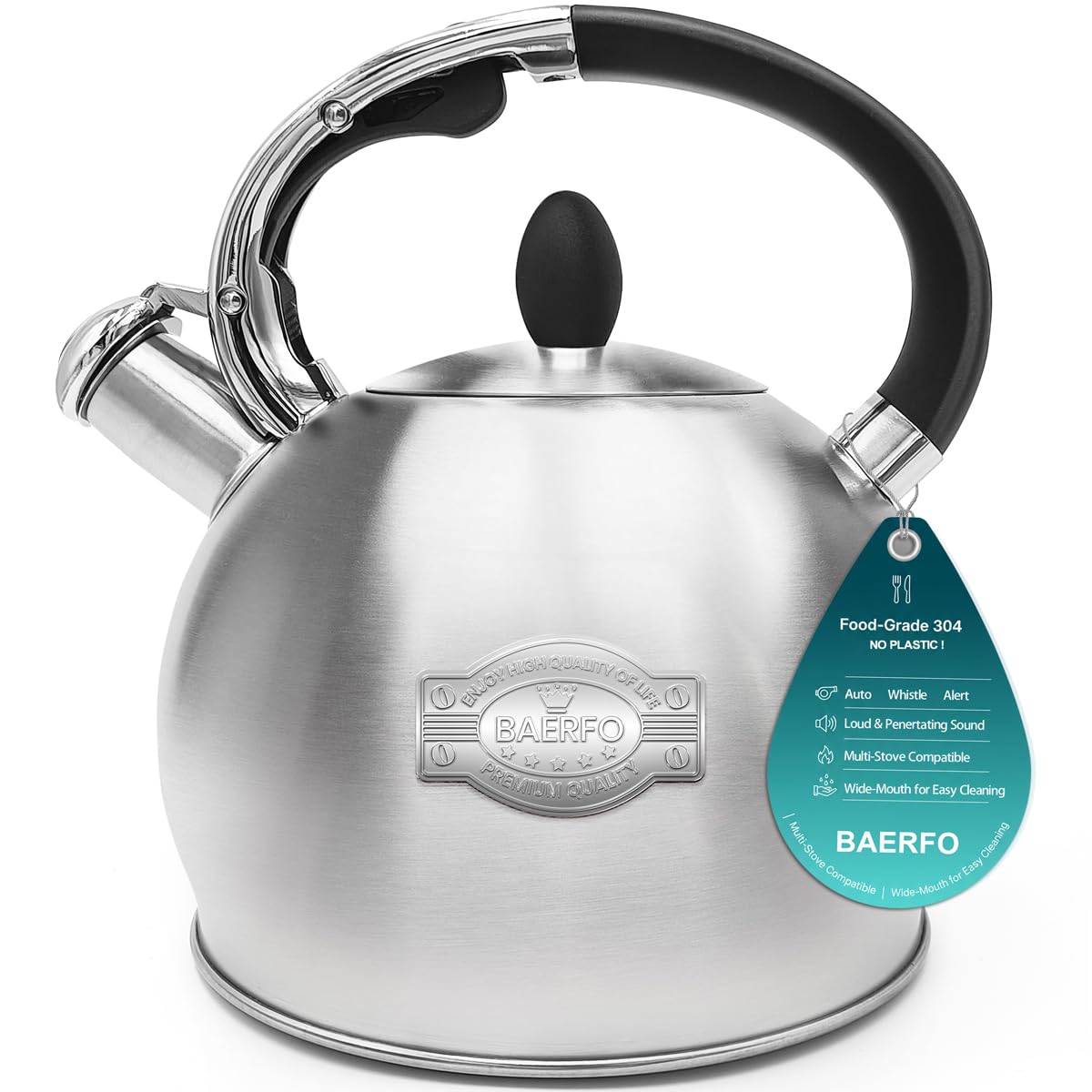 BAERFO Tea Kettle 2.64 qt capacity for family breakfasts and gatherings.