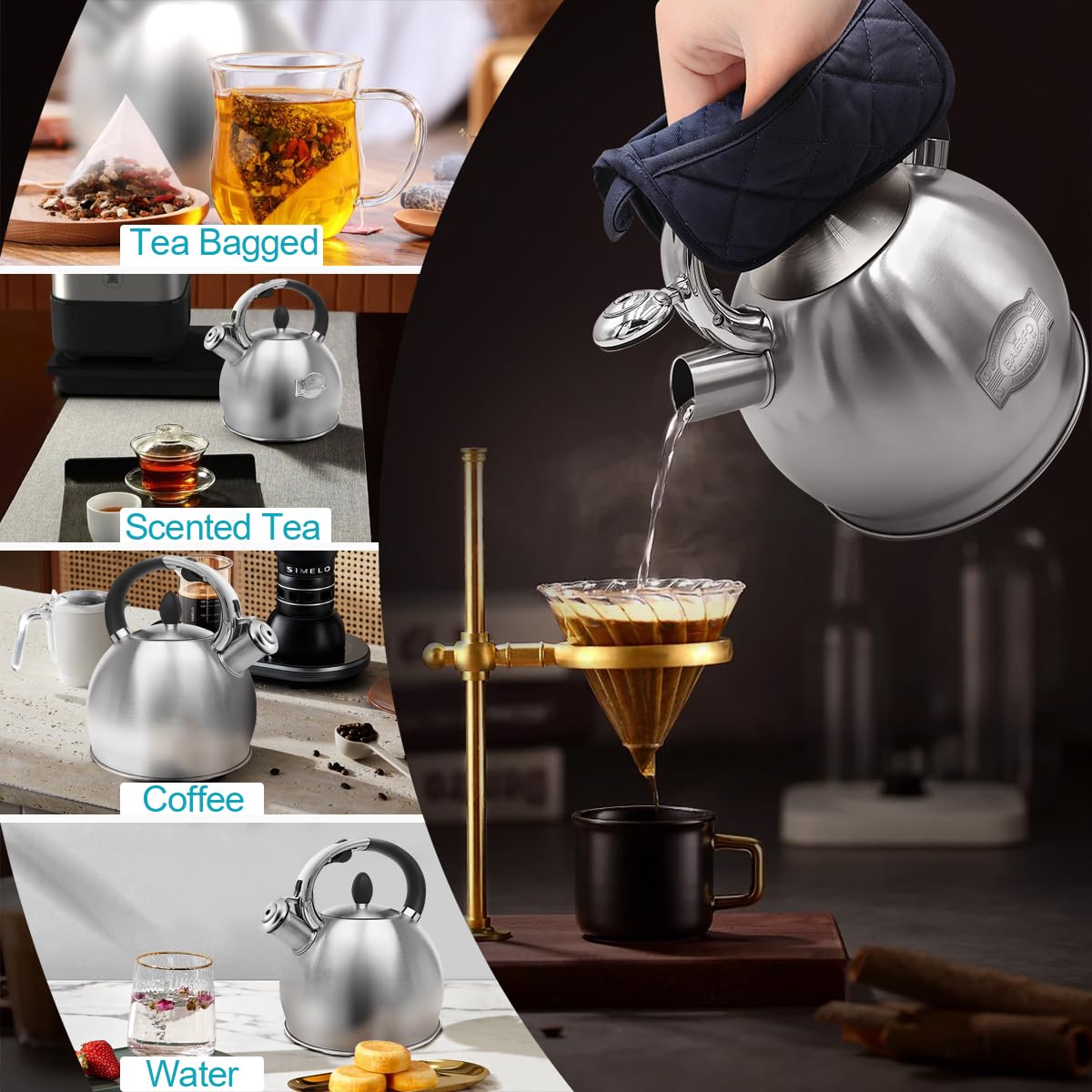 BAERFO Tea Kettle rust-proof brushed finish resists fingerprints.