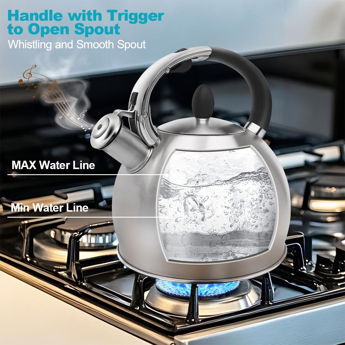 BAERFO Tea Kettle stay-cool handle with silicone grip for comfortable use.