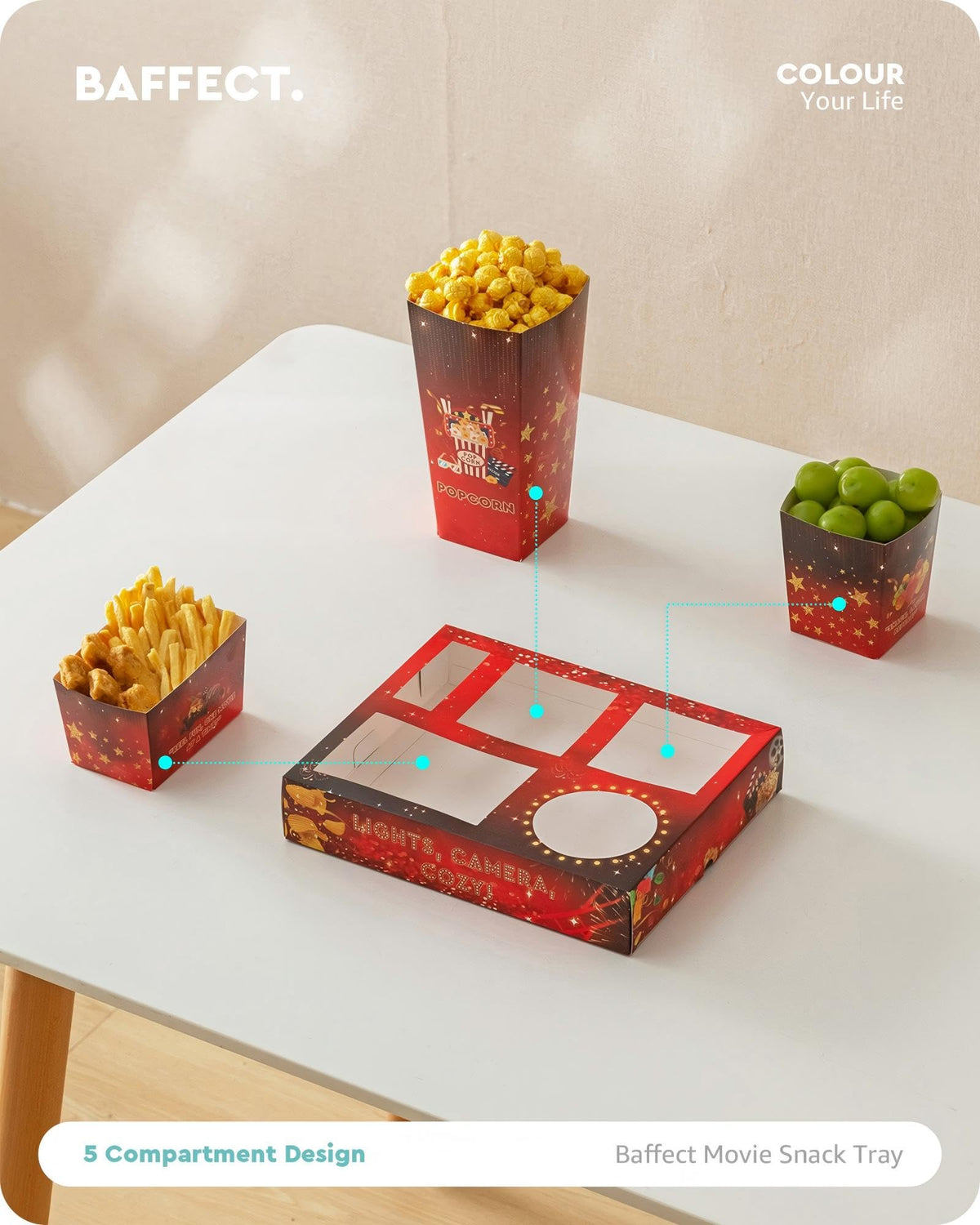 Baffect boat-shaped snack boxes arranged for quick bites and easy pickup.