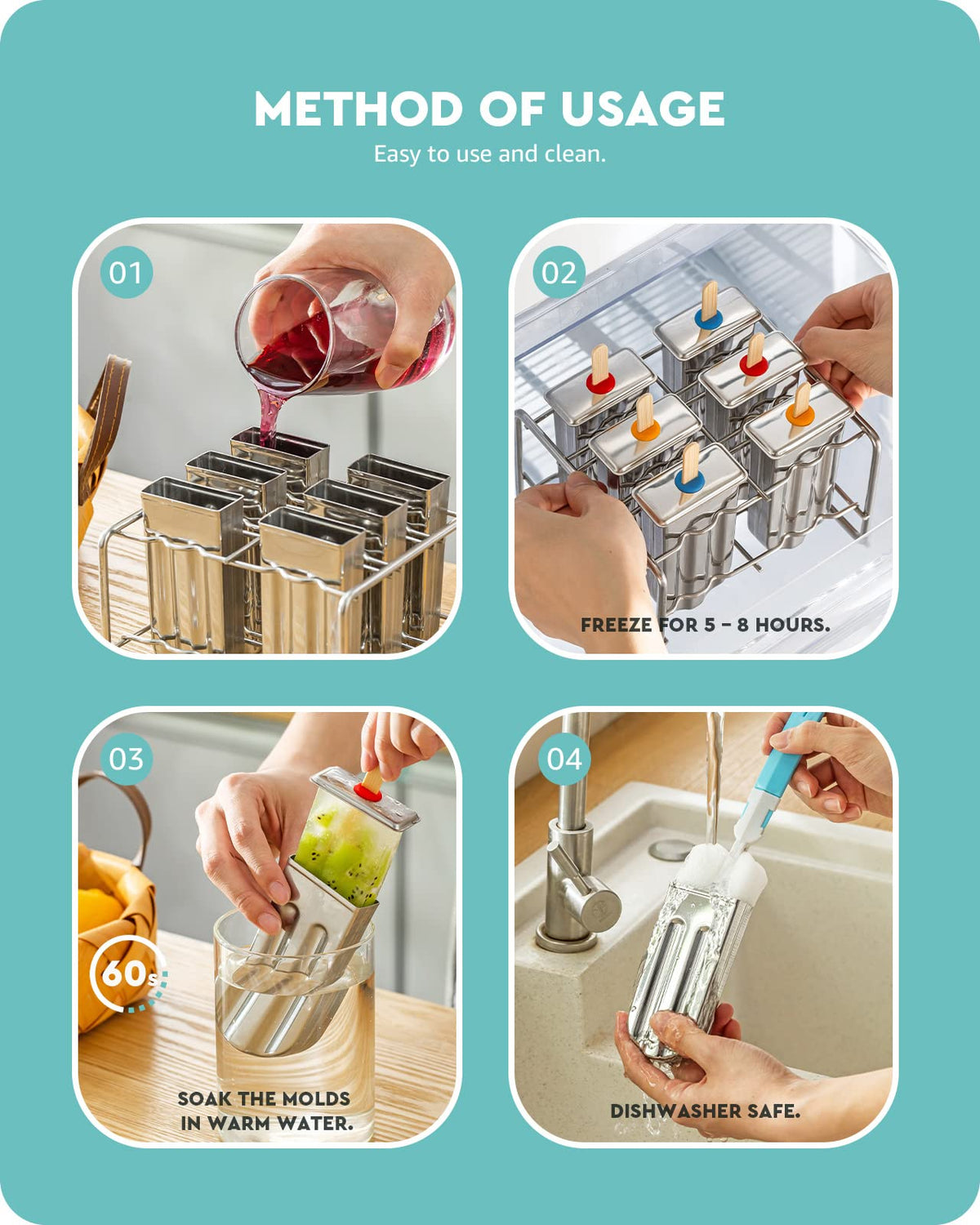 Baffect dishwasher-safe moulds save time after making frozen treats.