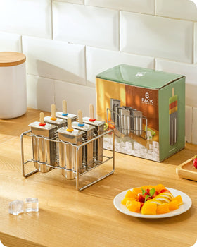 Baffect metal popsicle moulds set of six with holder for organized freezing.