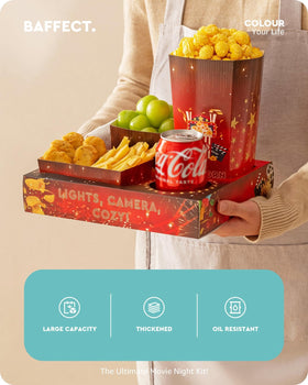 Baffect popcorn boxes 45oz displayed for sharing during a home cinema night.