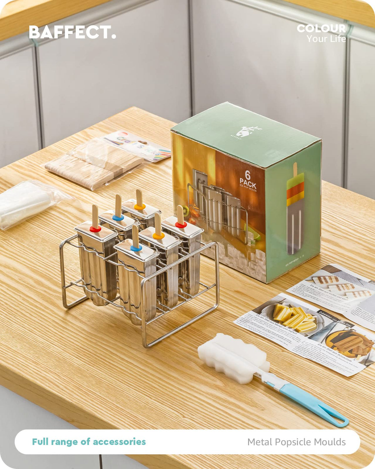 Baffect rubber seals and wooden sticks included for easy popsicle assembly.