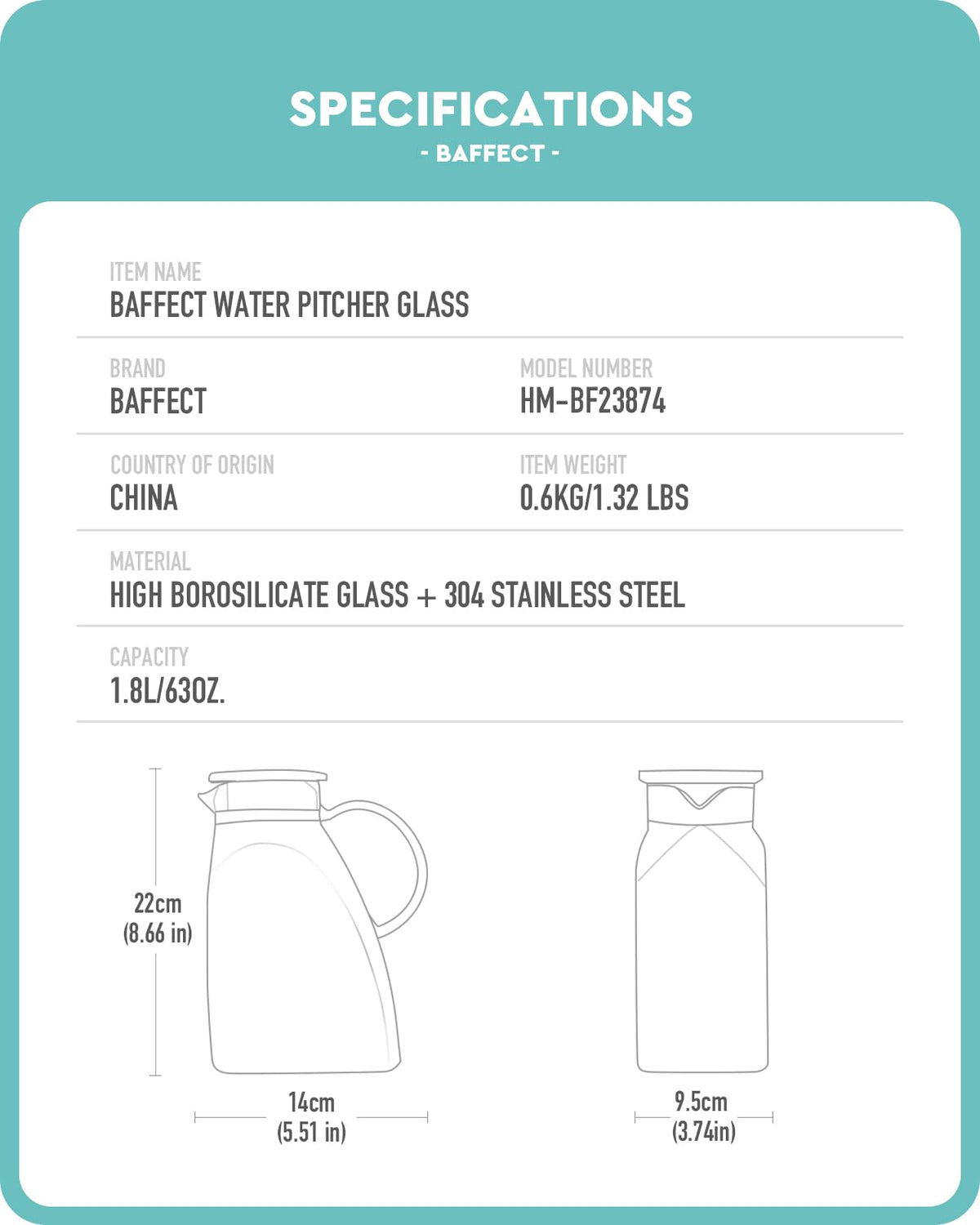 Baffect Water Pitcher dual outlets for strainer and smooth pour.