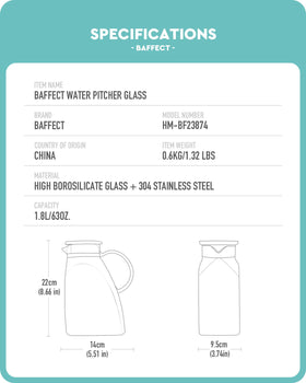Baffect Water Pitcher dual outlets for strainer and smooth pour.