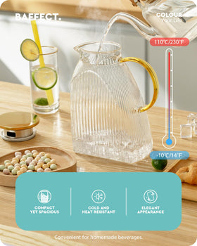 Baffect Water Pitcher featuring a golden handle for comfortable pouring.