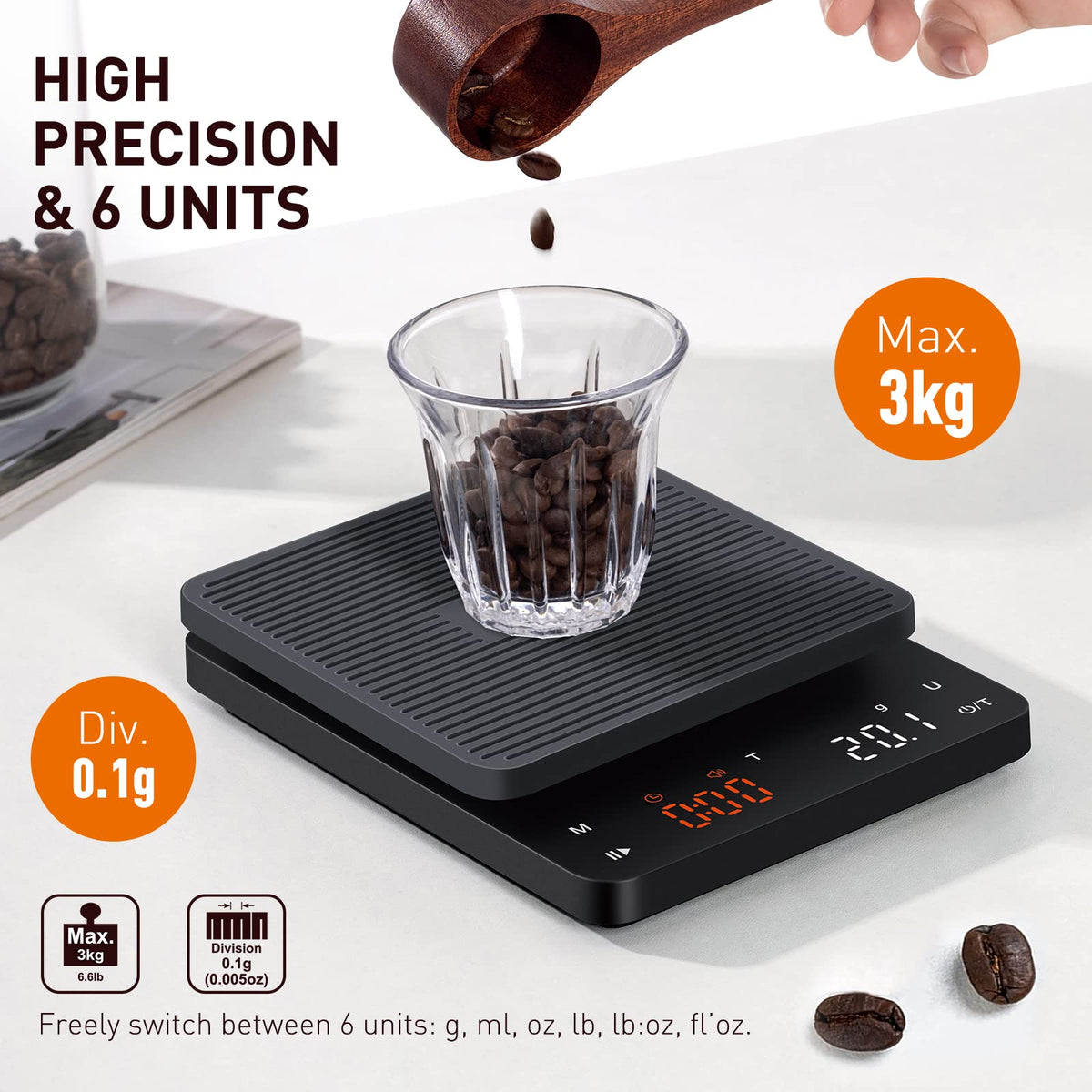 BAGAIL BASICS coffee scale on kitchen counter ready for brewing.