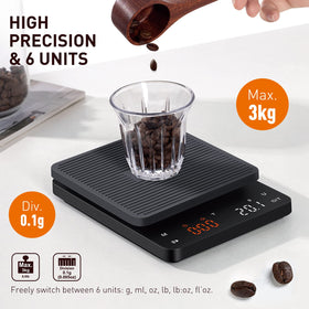 BAGAIL BASICS coffee scale on kitchen counter ready for brewing.