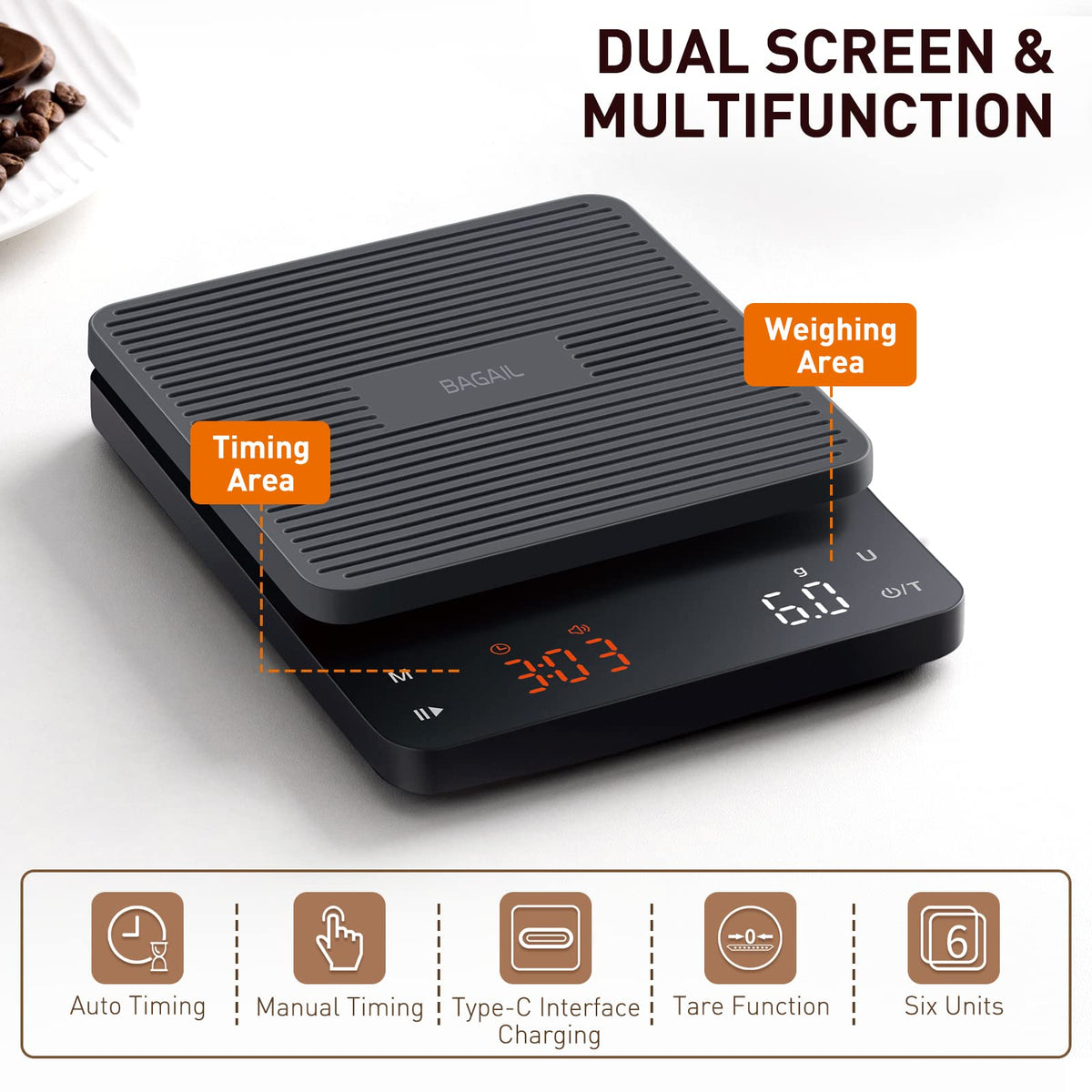 BAGAIL BASICS coffee scale side panel demonstrates compact, space-saving design.