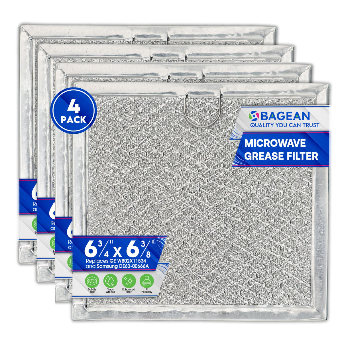 Bagean microwave filter close-up in aluminum; enhances air quality by trapping grease.