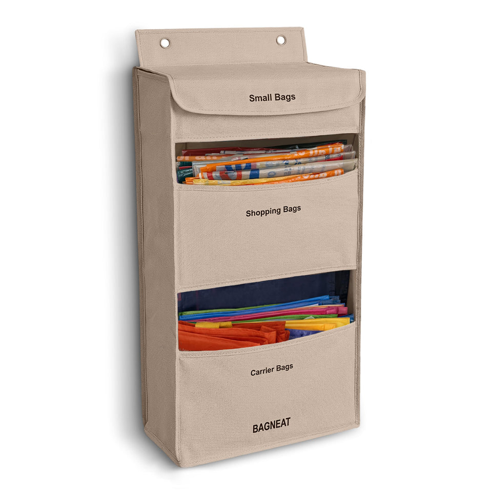 BAGNEAT 3-in-1 bag holder over door offers quick access to small bags.