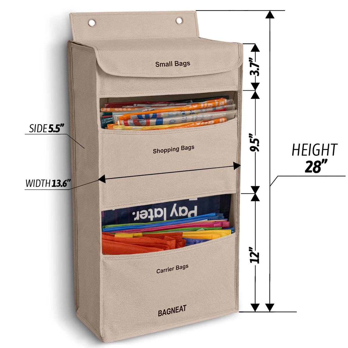 BAGNEAT wall-mount bag organizer keeps reusable and grocery bags neatly within reach.