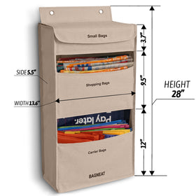 BAGNEAT wall-mount bag organizer keeps reusable and grocery bags neatly within reach.