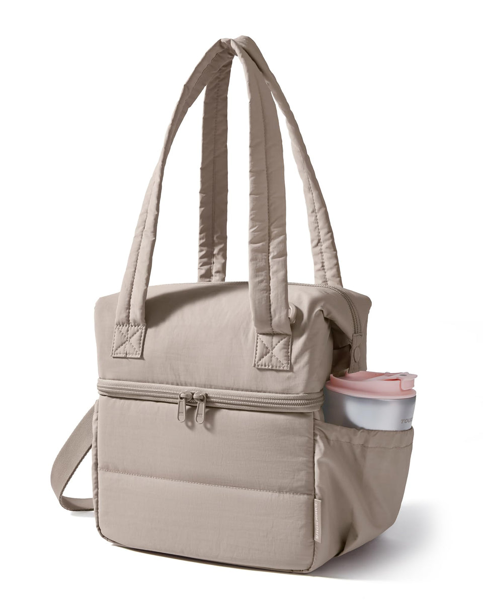 BAGSMART Double Deck Lunch Bag camel front view highlights spacious main compartment for meals.