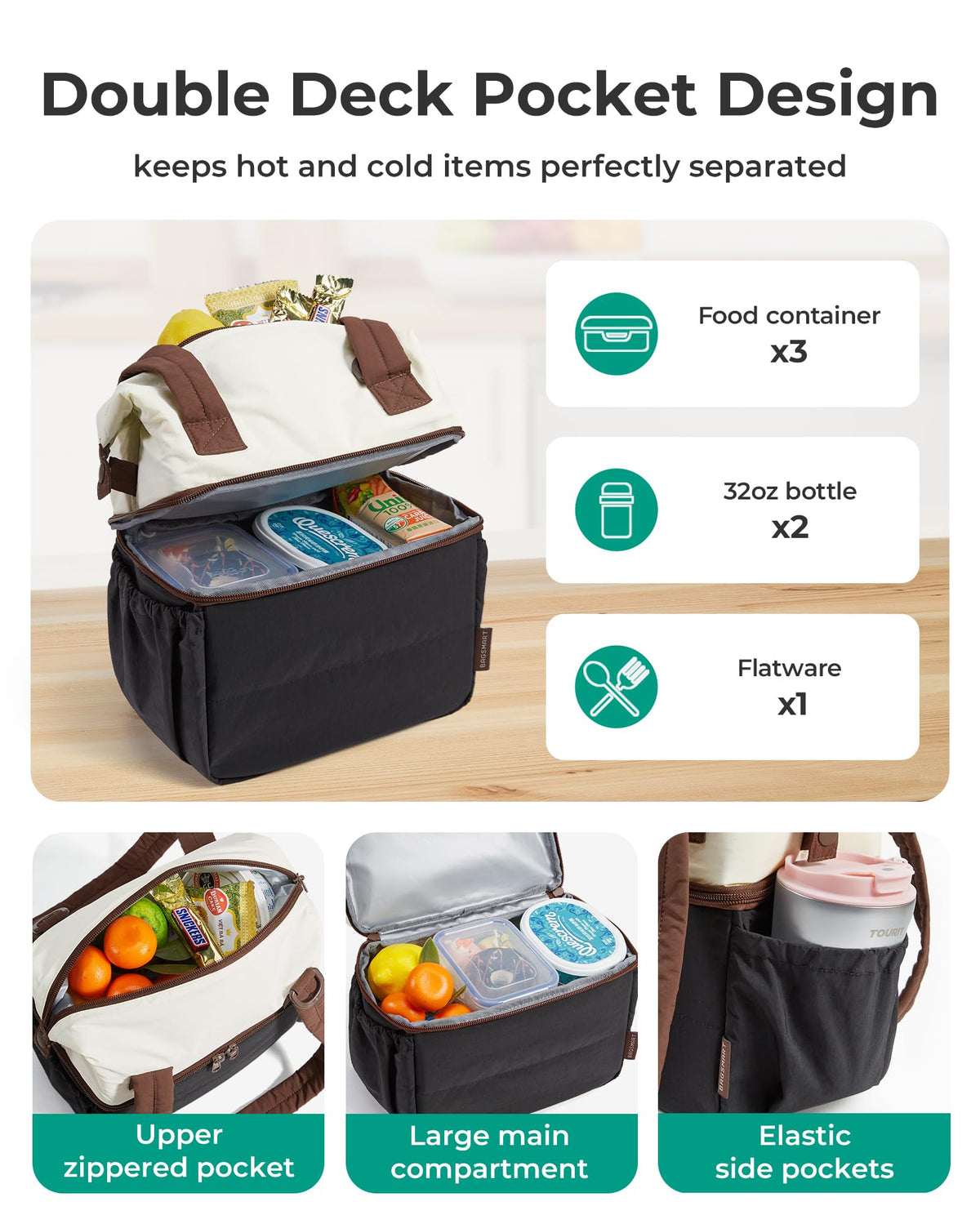 BAGSMART interior with two compartments demonstrates easy meal separation and organization.