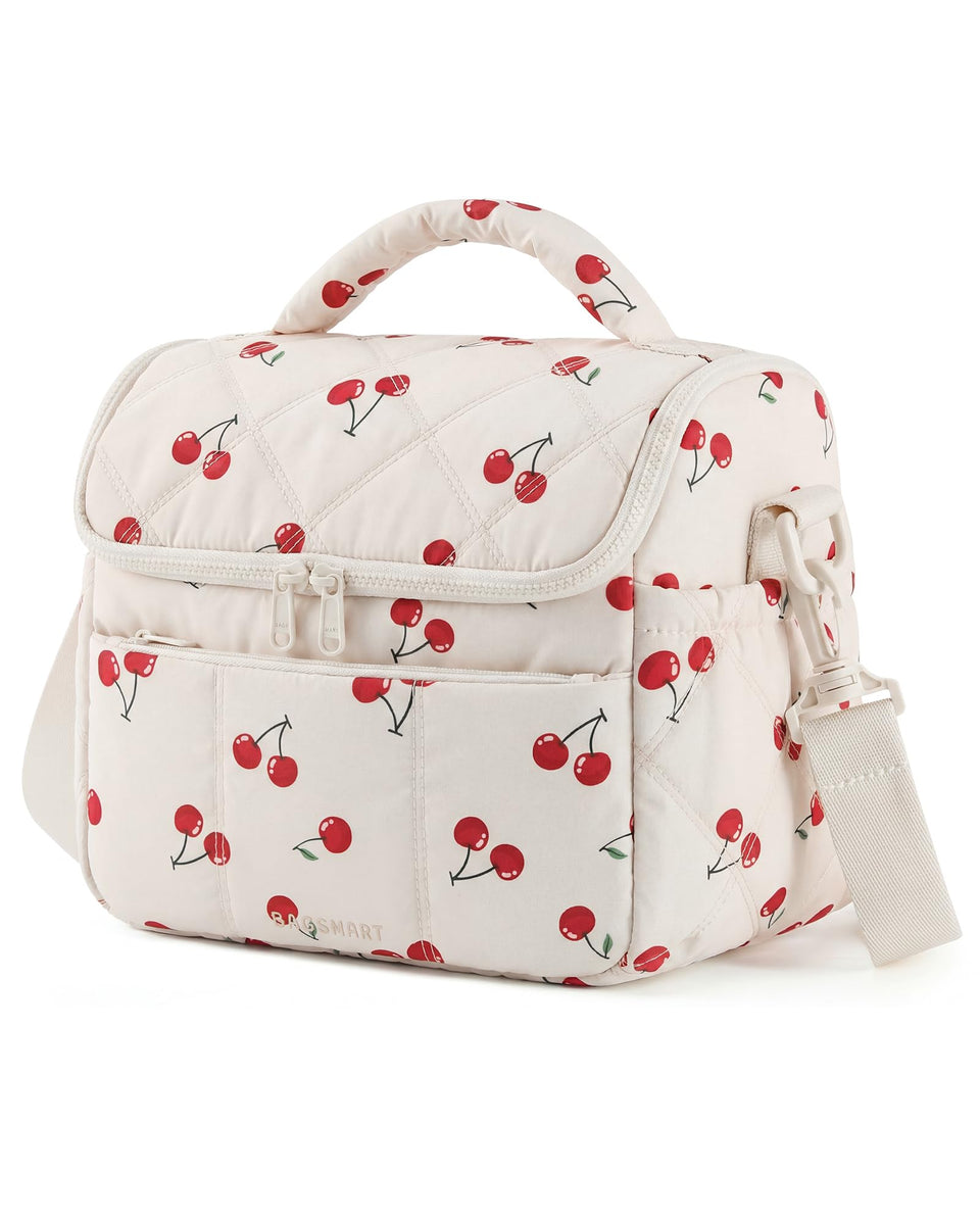 BAGSMART insulated lunch bag for women with cherry quilted exterior, stylish and portable.