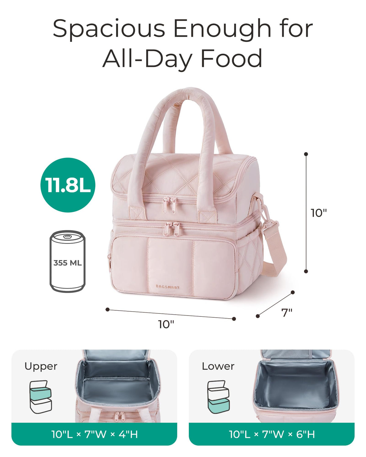 BAGSMART large-capacity lunch bag fits meals, drinks, and snacks for a full day.