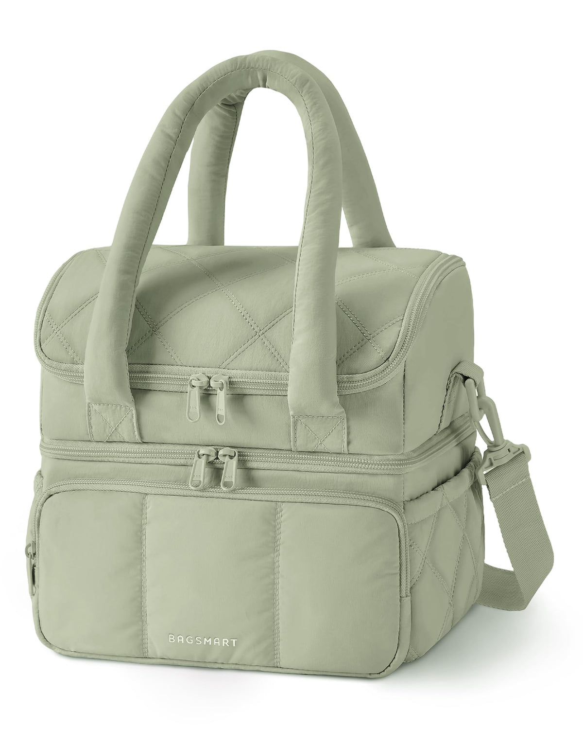 BAGSMART Sage Green double‑deck lunch bag showing organized compartments for meals