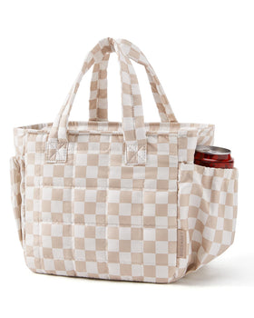 BAGSMART lunch bag for women with brown checkered quilted exterior keeps meals stylishly secure.