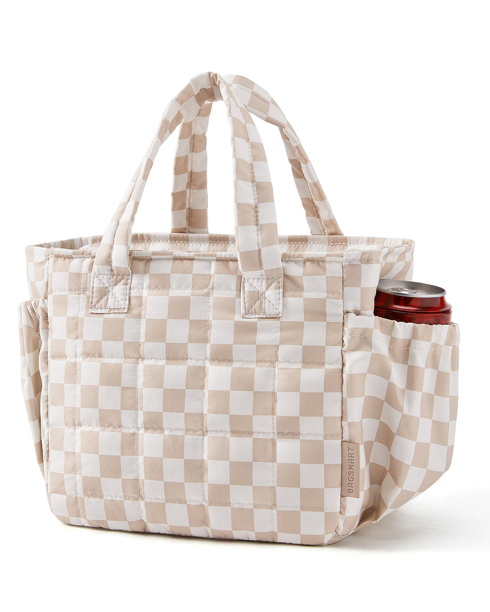 BAGSMART lunch bag for women with brown checkered quilted exterior keeps meals stylishly secure.