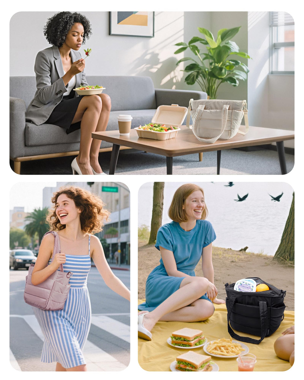 BAGSMART lunch bag women camel side-pocket demonstrates bottle fit and spill-free design.