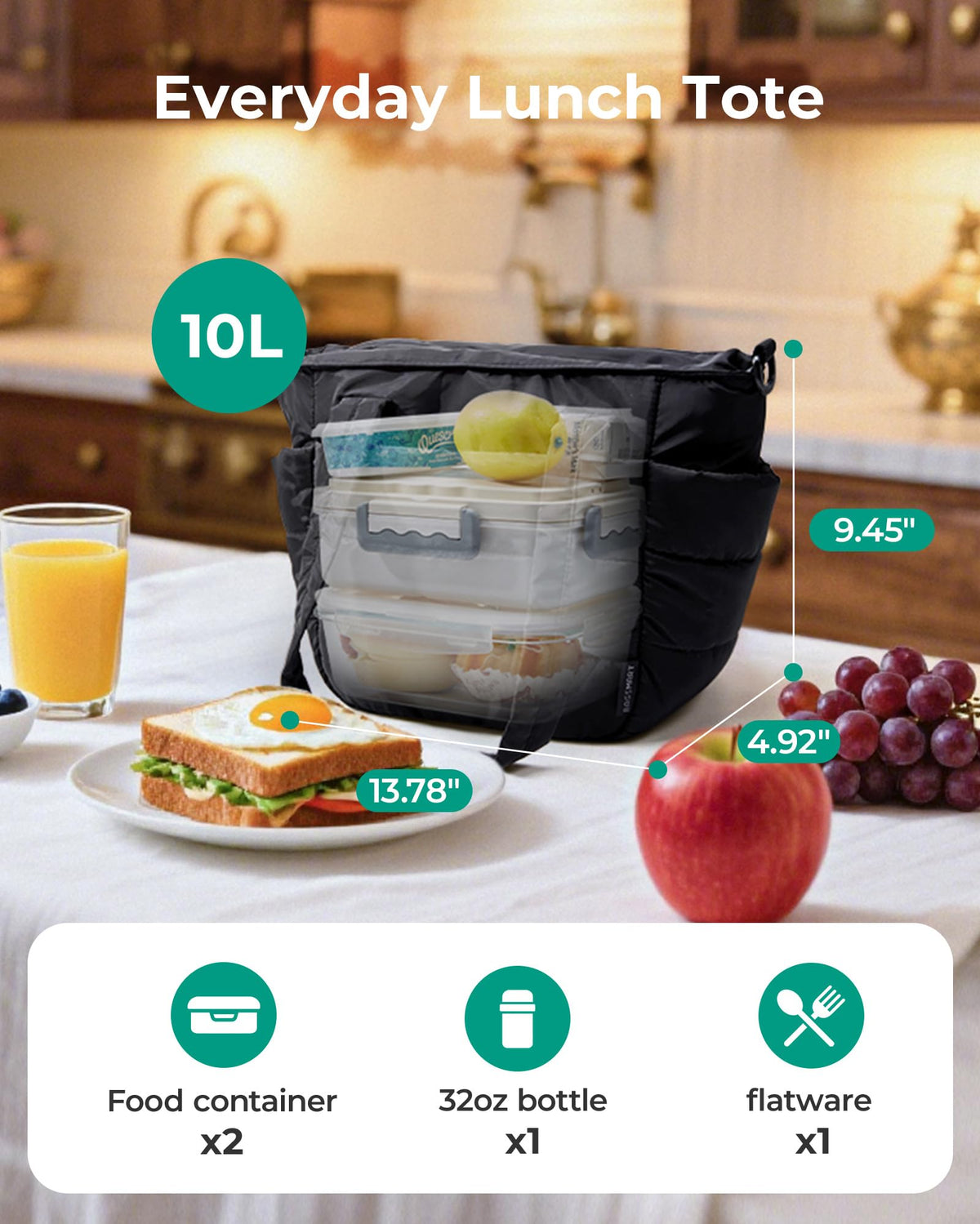BAGSMART lunch bag women camel top-open compartment shows organized interior for on-the-go dining.