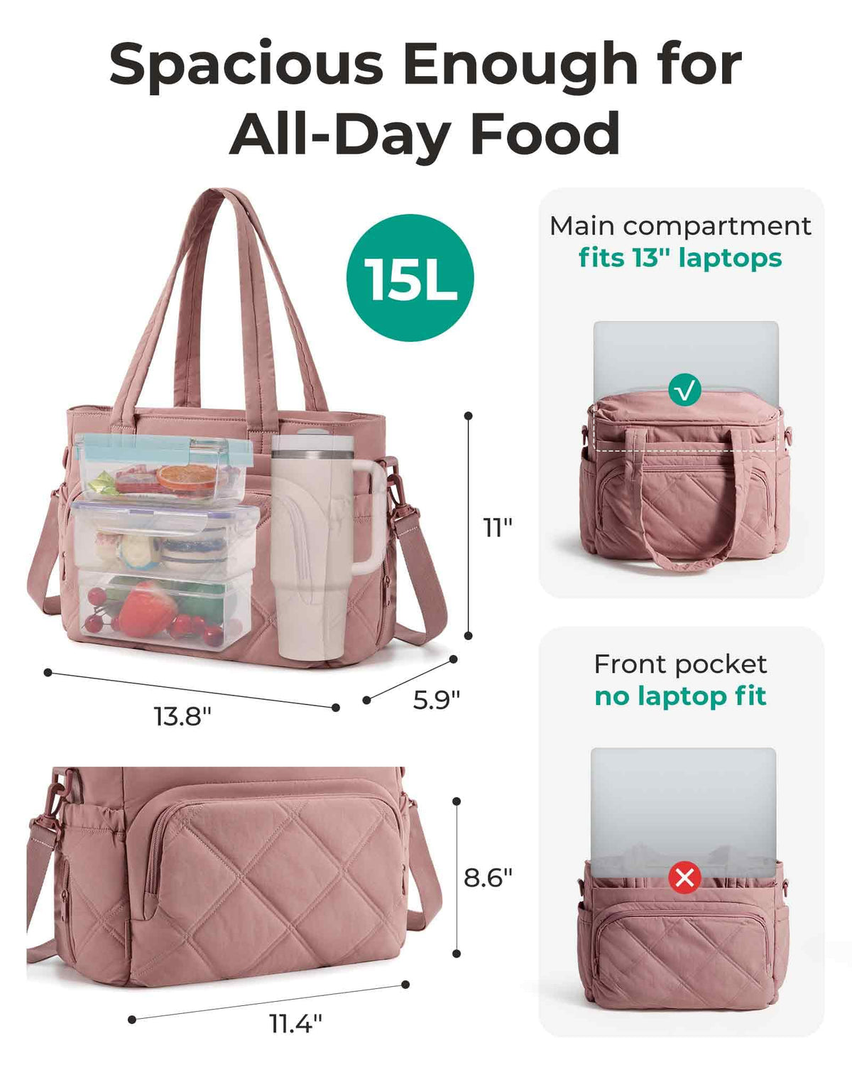 BAGSMART lunch bag interior with main insulated compartment for warm or fresh food.