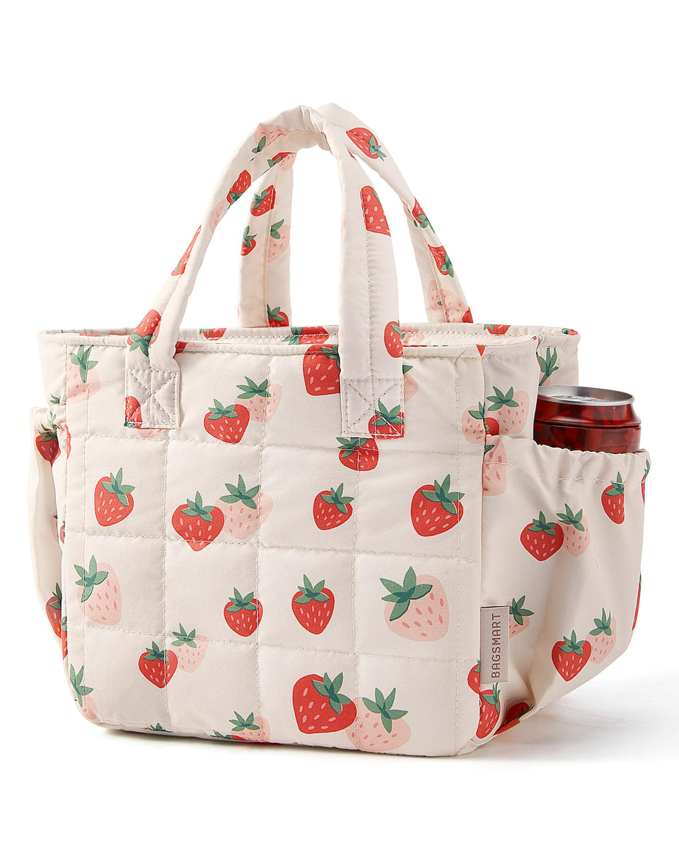 BAGSMART lunch bag for women with strawberry quilted exterior, stylish everyday carry.