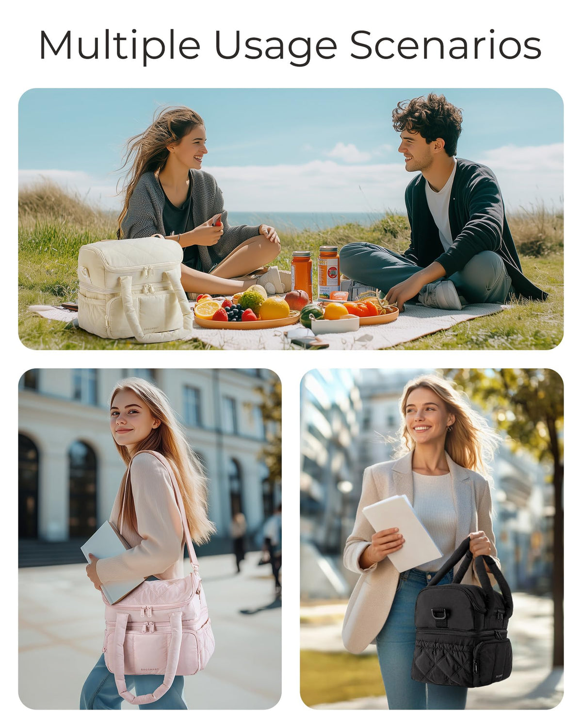 BAGSMART quilted outer design; fashionable lunch bag for work or outings.