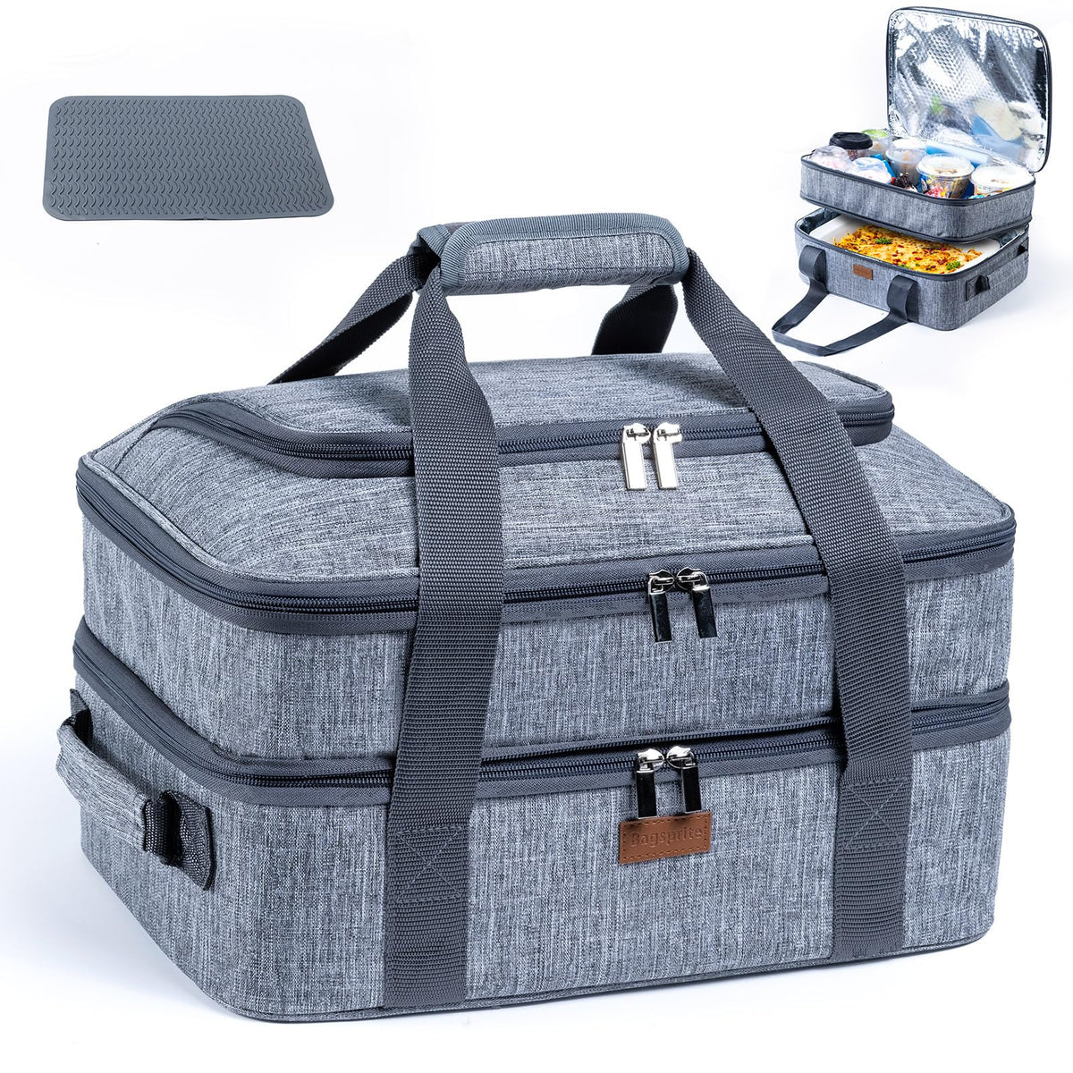 BAGSPRITE expandable casserole carrier top view with expandable compartment for two 9x13 dishes