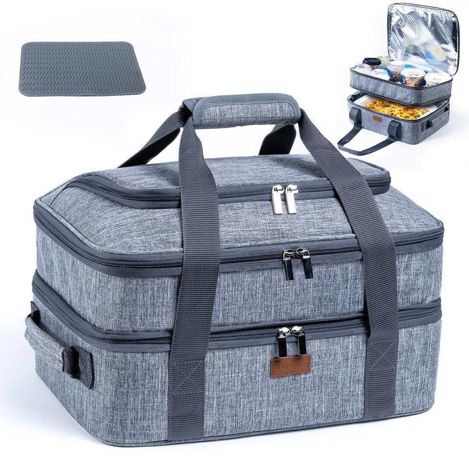 BAGSPRITE expandable casserole carrier top view with expandable compartment for two 9x13 dishes