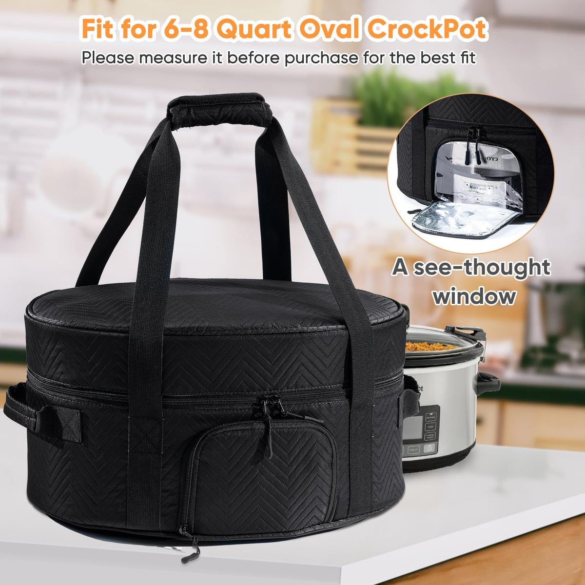 BAGSPRITE adjustable band secures the crock pot during transit for safer transport