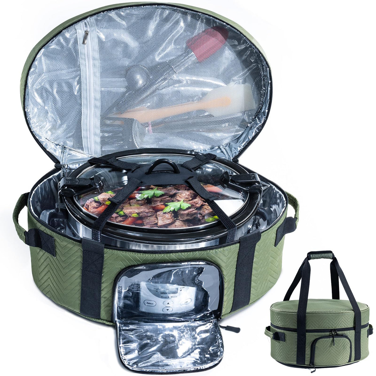 BAGSPRITE insulated slow cooker bag with see-through window for easy temperature monitoring.