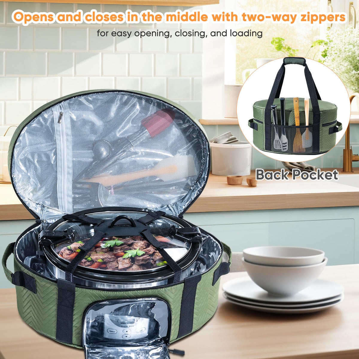 BAGSPRITE bag sized 17 by 12 by 9 inches fits 6-8 qt slow cookers.